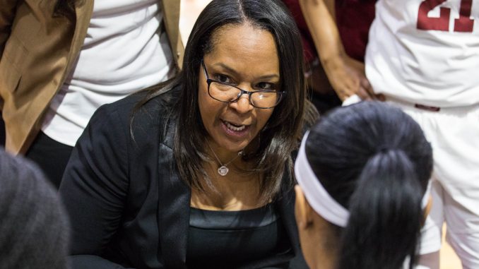 Coach Tonya Cardoza instructs her squad during a timeout in the Owls’ 113-57 loss to UConn on Sunday at McGonigle Hall. | SYDNEY SCHAEFER / THE TEMPLE NEWS