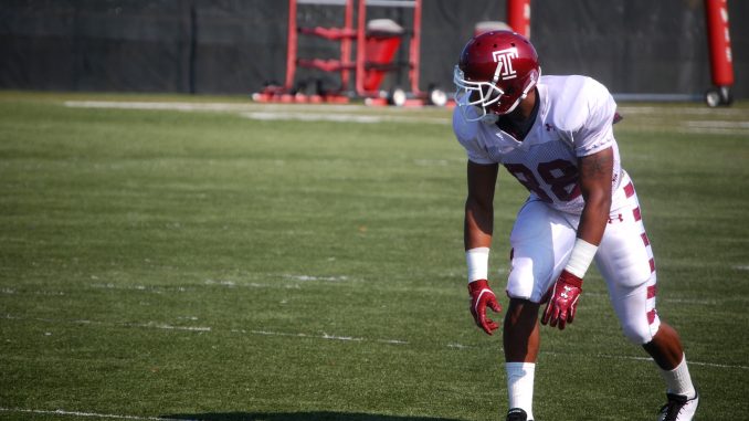 Freshman wide receiver Samuel Benjamin lines up at training camp on Aug. 13. The Temple offense will be forced to replace seven starters this season. ( ANDREW THAYER / TTN )