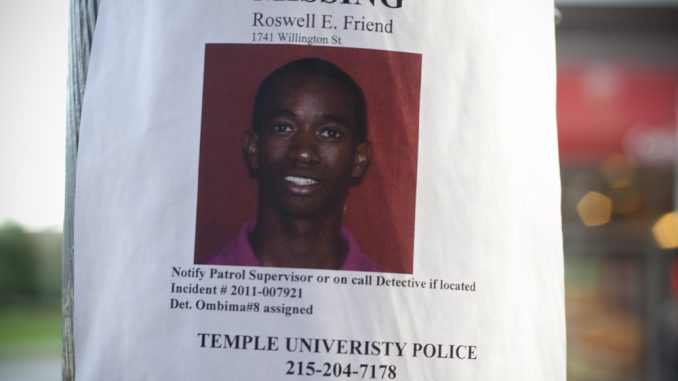 A picture of Roswell Friend was posted on Cecil B. Moore Avenue near Broad Street after he went missing in August 2011. ( ANGELO FICHERA // TTN FILE PHOTO )