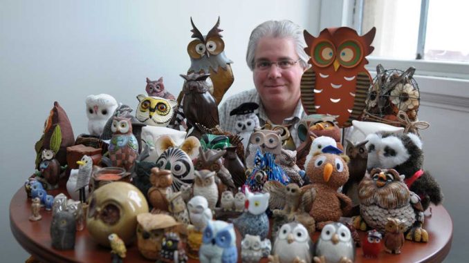 Brian Forman has collected more than 70 owl figurines. His owl collection gained attention when it was featured in the TUPortal banner image. | ABI REIMOLD / TTN