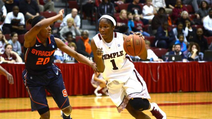 Freshman guard Erica Covile dribbles by Syracuse freshman guard Brittney Sykes in the Owls’ 74-67 comeback win at McGonigle Hall Sunday. | MAGGIE TRAPANI / TTN