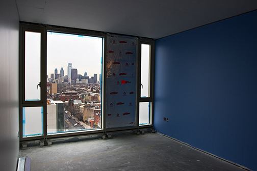 The upper floors of Morgan Hall offer views of the Center City skyline. The hall, which will add more than 1,200 people to the on-campus population, is expected to open this fall. | STEVEN REITZ TTN