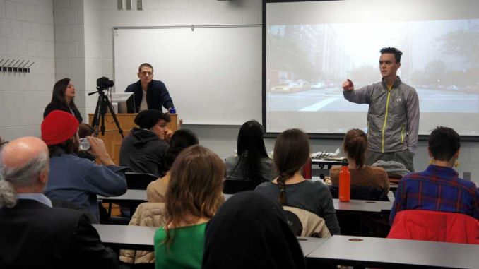 Alex Melonas, a political science graduate student and interviewee in “Speciesism: The Movie,” discusses the film with students on March 19 in Tuttleman Hall. | DALEXIS PEGUERO / TTN