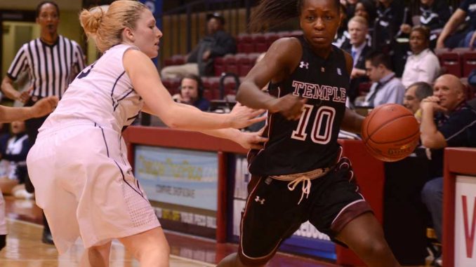 Freshman forward Sally Kabengano moves the ball upcourt against Xavier on March 8. She scored seven points and played 38 minutes in the 52-45 Temple win. | MAGGIE TRAPANI / TTN