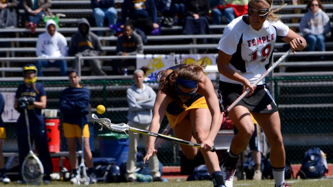 Freshman attack Summer Jaros (right) checks an Explorer in the Owls’ 14-13 loss on Sunday. | DANIEL PELLIGRINE / TTN