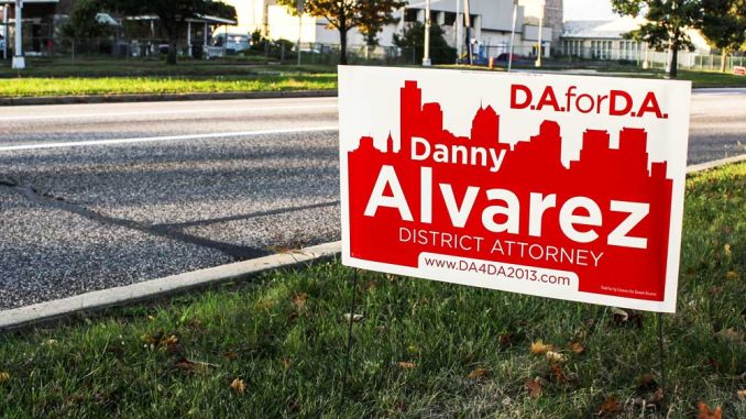 A campaign lawn sign stands for district attorney candidate Danny Alvarez, who is running against incumbent Seth Williams. | Kelsey Stanger TTN