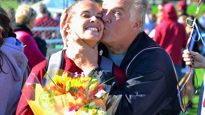 Jackie Krostek’s father, Richard, gives his daughter a kiss after Sunday’s game against Cincinnati. | Sergei Blair TTN