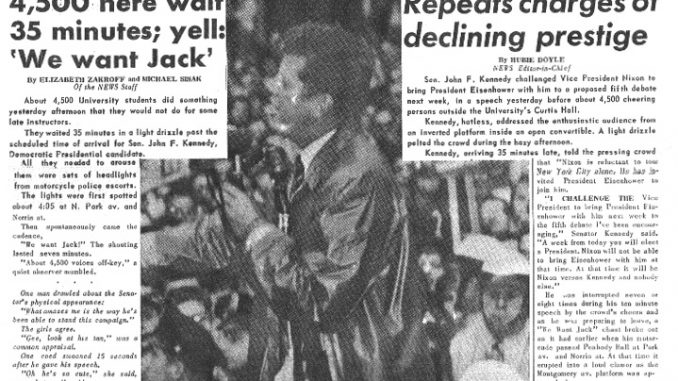 President John F. Kennedy gives a speech to students outside a women’s dormitory in 1960. He memorably reprimanded a KYW reporter for sticking a microphone too close to his face.| TTN ARCHIVES