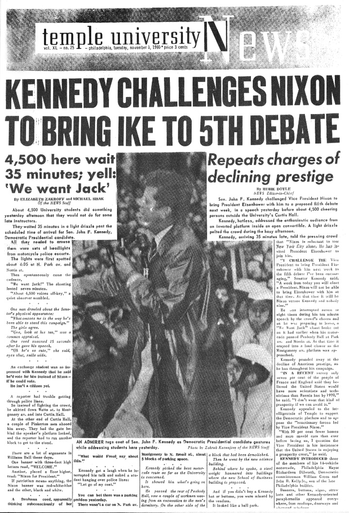 President John F. Kennedy gives a speech to students outside a women’s dormitory in 1960. He memorably reprimanded a KYW reporter for sticking a microphone too close to his face.| TTN ARCHIVES