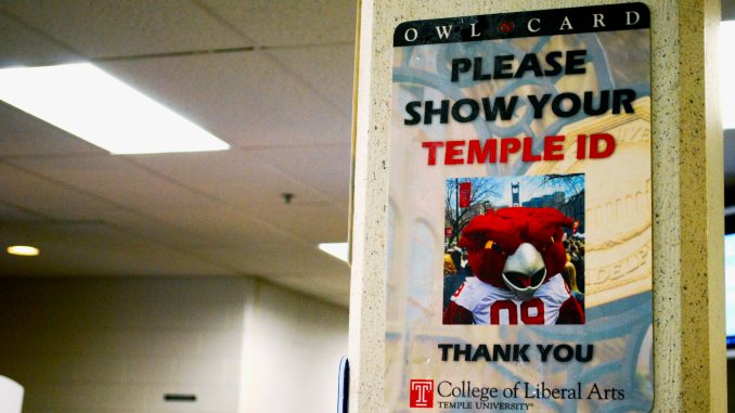 A sign warns students and faculty to show their Temple IDs inside Anderson Hall. Police are reviewing security policies in Anderson and other campus buildings after a professor was attacked and robbed. | Jillian Hammer TTN