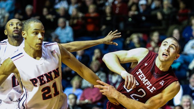 Senior guard Dalton Pepper (right) led the Owls with 19 points in the season opener against the University of Pennsylvania on Nov. 9. The Owls blew a 15-point lead in the second half, but earned a 78-73 victory. | Hua Zong TTN