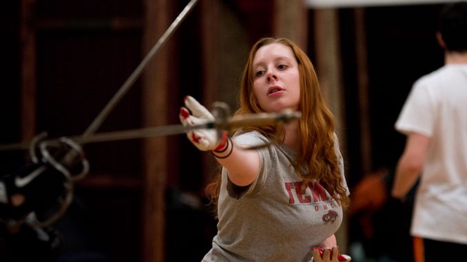 Junior theater major Ali Vreeland practices being disarmed by her opponent in a swordfight. | ABI REIMOLD TTN