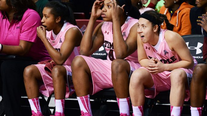 The Owls’ bench looks toward the court during the team’s 55-53 loss to Cincinnati. Coach Tonya Cardoza said she is “frustrated” with the team’s string of close losses against conference opponents this season.| ANDREW THAYER TTN