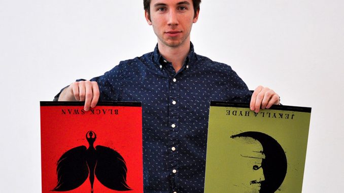 Max Amato holds two prints of his own design, themed after “Black Swan” and “Jekyll & Hyde.” | Kristen Vanleer TTN