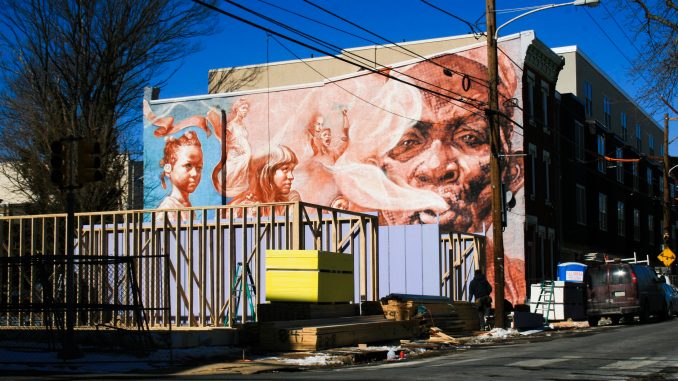 The mural titled “In Living Memory: Those of Us Alive,” will be covered by new houses being built on the corner of 16th Street and Montgomery Avenue. (Bottom) The houses will be home to more than 100 students when they open in August. | Kathryn Stellato TTN