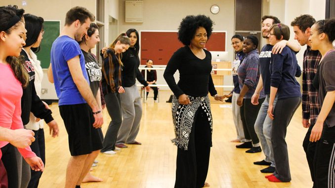 One day of class in the Embodying Pluralism course focused on teaching traditional African dance. Magira Ross (center), a guest lecturer, discussed the Middle Passage through dance. | Claire Sasko TTN