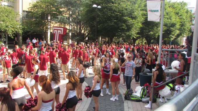 Liacouras Walk was decked out in cherry and white on Sept. 5 to kick off the first football pep rally of the year. Alexa Bricker | TTN