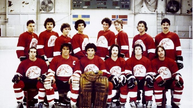 The men’s ice hockey club poses for a team photo in the early years of its existence. Mark Murray was an original member of the club, which was formed in 1977. COURTESY MIKE JENKS