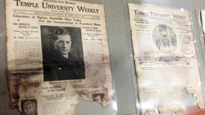 A 1930s issue of Temple University Weekly, Temple’s student-run newspaper, sits on display at Ginsburg Library. Alexa Zizzi | TTN