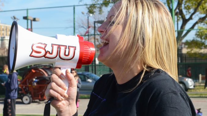 Kelsey Lazicki, a junior from St. Joe’s University, cheers on her teammates during the Phi Sigma Pi ninth annual ICR Philly Cup soccer game on November 9th. Proceeds for the event go to the Autism Cares Foundation. Jenny Kerrigan | TTN