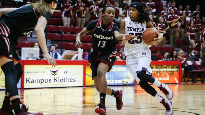 Senior guard Tyonna Williams drives to the basket during the Owls’ 83-50 victory against Cincinnati. | Jenny Kerrigan TTN