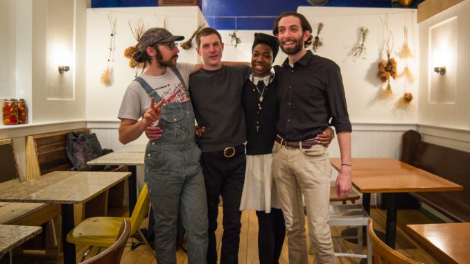 Co-owner Tony Montagnaro (left), co-owner Max Kochinke, employee Shatyra Jones, and co-owner Mike Dunican work at W/N W/N, a new cooperatively owned coffee bar on 931 Spring Garden Street, which opened in December. | Alex Friend TTN