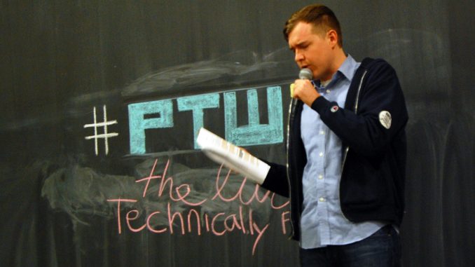 Technical.ly Philly co-founder and alumnus Christopher Wink speaks during the tech website’s first live podcast. | Jack Tomczuk TTN