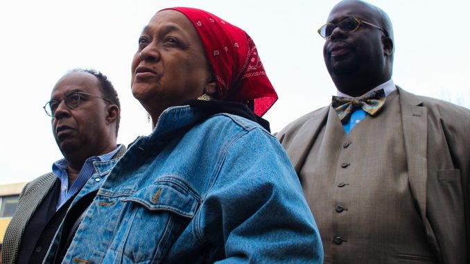 Dr. Anthony Monteiro (left), activist Pam Africa and president of Black Men at Penn Chad Lassiter at a protest held March 11 at Sullivan Hall. | Bree Hansteen TTN