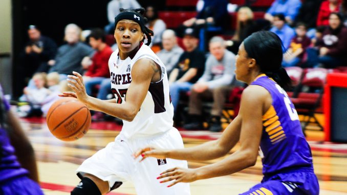 Senior guard Tyonna Williams dribbles during the Owls’ 77-71 loss against East Carolina March 7. | Alex Beaufort TTN