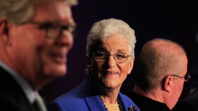 Mayoral candidate Lynne Abraham (center) looks at NBC10’s Jim Rosenfield, moderator of a debate held last Tuesday at the Kimmel Center. | Harrison Brink TTN