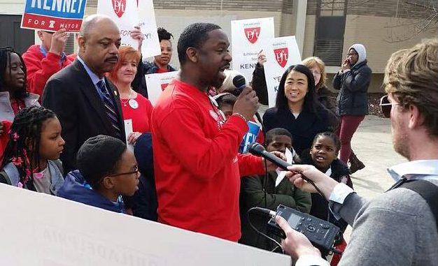 Stephen Flemming talks to press and a crowd about endorsing Jim Kenney for Mayor of Philadelphia on March 16. | COURTESY Stephen Flemming