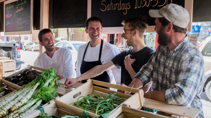 Jack Goldenberg, Alex Bois, Jon Nodler and Teddy Moynihan during the first High Street on Market Farmers Market. The Farmers Market is a collaboration between High Street's chefs and Plowshare farmers, and will be open on 3rd and Market every Saturday.|Aaron Windhorst, TTN