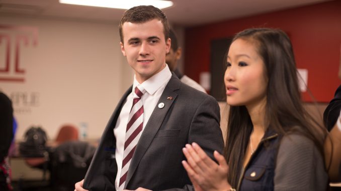 Ryan Rinaldi and Binh Nguyen celebrate following Future TU’s TSG election victory in April. | Margo Reed TTN File Photo