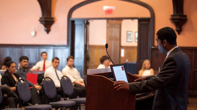 Azhar Majeed speaks before a crowd at his organization’s Student Networking Conference earlier this year in Philadelphia. | COURTESY Azhar Majeed