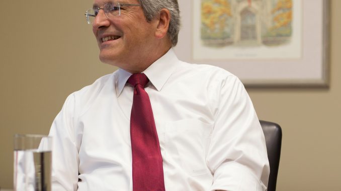 On the second floor of Sullivan Hall Aug. 18, President Theobald ­discussed his experience as the CFO of Indiana University and his life on the East Coast. | Margo Reed TTN