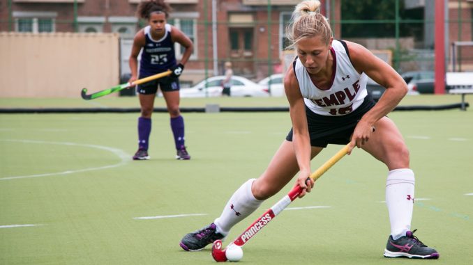 Junior Ali Meszaros prepares to hit the ball in the Owls’ 4-0 loss to Northwestern Sept. 20. | JD Mousley TTN