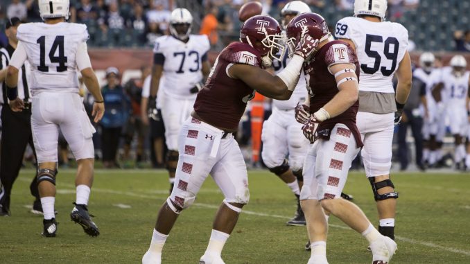 Nate D. Smith and Tyler Matakevich celebrate during the Owls 27-10 victory against Penn State Sept. 5. | Jenny Kerrigan TTN