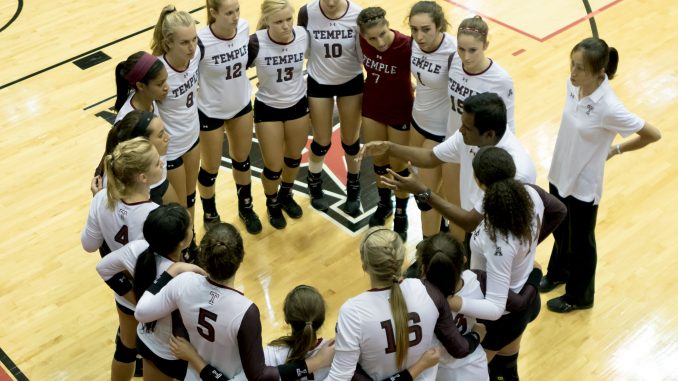 Coach Bakeer Ganesharatnam instructs the volleyball team during the Crowne Plaza Philadelphia West Temple Invitational over the weekend. | Don Otto TTN