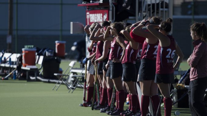 The field hockey team stands at Geasey Field during the squad’s 3-1 win on Senior Night against Georgetown University Friday. | Margo Reed TTN