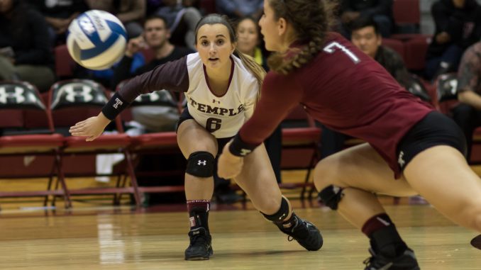 Senior libero Alyssa Drachslin (right) attempts to save the ball during the Owls’ 3-0 against Memphis. | Donald Otto TTN