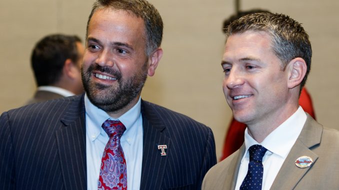 Coach Matt Rhule stands with Toledo coach Jason Candle at the joint team press conference hosted by the Palm Beach County Convention Center Dec. 21. | Donald Otto